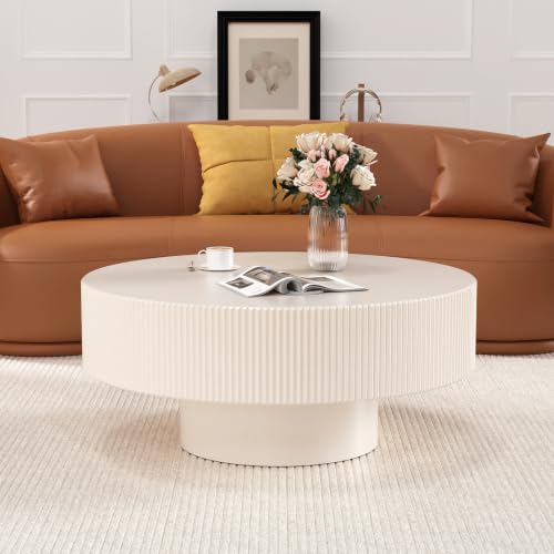 30.9 inch Cream White Round Drum Fluted Coffee Table | Mid Century Style Fluted Drum End Table, Handcrafted Wood Fluted Relief, with Sturdy Base, For Living Room & Apartment - color: White Round Fluted Coffee Table