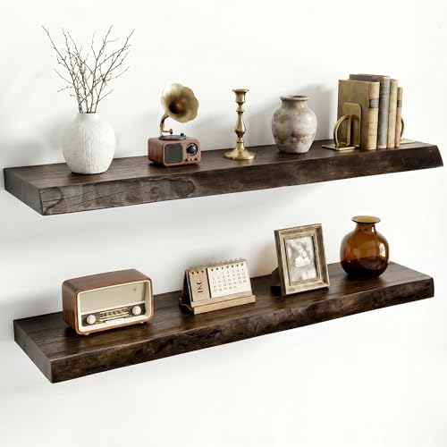 Dreamland Rustic Elm Woood Floating Shelves for Wall Decor, Live Edge 32" W x 8" D Floating Shelves Set of 2, Wall Mounted Deep Wooden Shelf for Living Room, Bedroom, Kitchen, Bathroom, Walnut - color: Walnut, size: Live Edge - 32"L