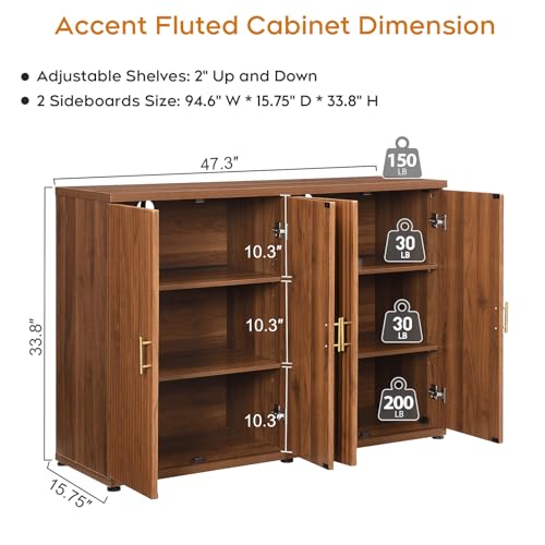 Walnut Accent Fluted Sideboard Buffet Cabinet with Storage and 4 Doors, Mordern Credenza Storage Cabinet with Adjustable Shelves, Media Console Table, for Living Room Dinning Entryway Kitchen - color: Walnut, size: 1 Piece