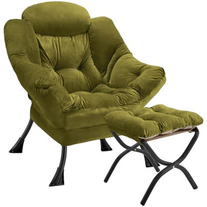 Lazy Chair with Folding Ottoman Modern Large Accent Chair,Contemporary Lounge Leisure Sofa Chair with Armrests Upholstered Sofa Armchair Reading Chair for Bedroom,Dorm & Office(Green-f) - color: Green