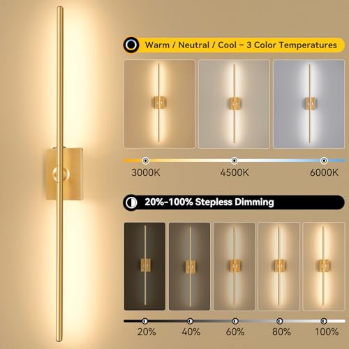 Battery Operated Wall Sconces Set of 2, 10000mAh Wireless Rechargeable 3000-6000K Dimmable 350° Rotate Wall Light with Remote for Living Room, Bedroom 23.6in Gold - color: Gold, size: 23.6in-Square Base