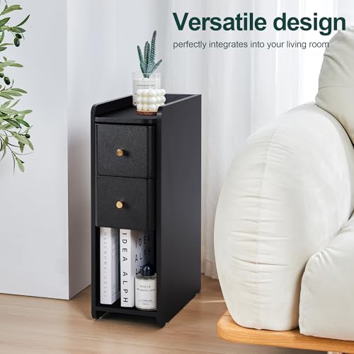 Narrow Nightstand Set of 2, Wooden Small 2 Drawer Nightstand, Slim Side End Table, Skinny Bedside Table, Mid Century Modern Night Stand with Drawers for Bedroom (Black-1 pc) - color: Black-1 Pc