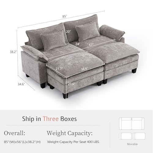 85" Modular Sectional Sofa with Storage, Comfy Cloud Couch Sleeper | Chaise Lounge, Deep Seat, Moveable Ottoman, Throw Pillows, Cloud Comfort Couches for Living Room Bedroom, Chenille Grey - color: Grey, size: 85" - 4 Seat