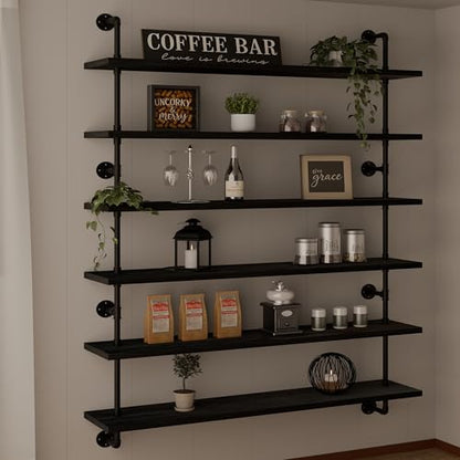 HDDFER 48 Inch Pipe Shelf Floating Shelves for Wall Shelves Bookshelf Industrial Pipe Shelving Real Wood Planks Rustic Hanging Shelves Farmhouse Kitchen Bar Shelving Black - color: Black, size: 6Tier48in