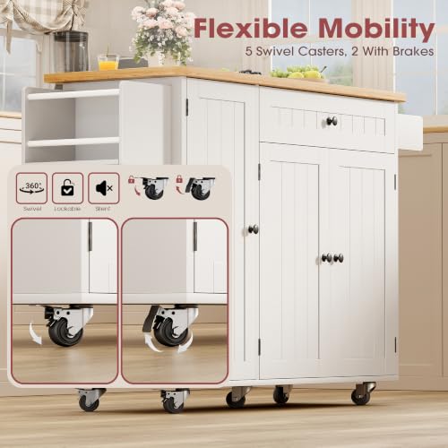 GRUSIGN Kitchen Island with Storage, 41.7" Rolling Cart with Drop Leaf, Portable Island Table on Wheels, Spice Rack, Towel Rack and Drawer, White, 41.7" L x 29.5" W