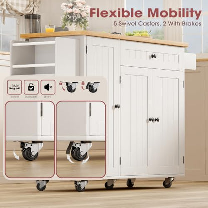 GRUSIGN Kitchen Island with Storage, 41.7" Rolling Cart with Drop Leaf, Portable Island Table on Wheels, Spice Rack, Towel Rack and Drawer, White, 41.7" L x 29.5" W