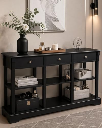 Karl home 58" Entryway Table with 3 Drawers, 6 Bottom Cube Storage, Black | Vintage console table,open shelf storage,sofa table behind couch for living room and foyer use,space-saving design - color: Black, style: 3 Top Drawers ＆ 6 Storage Cubes