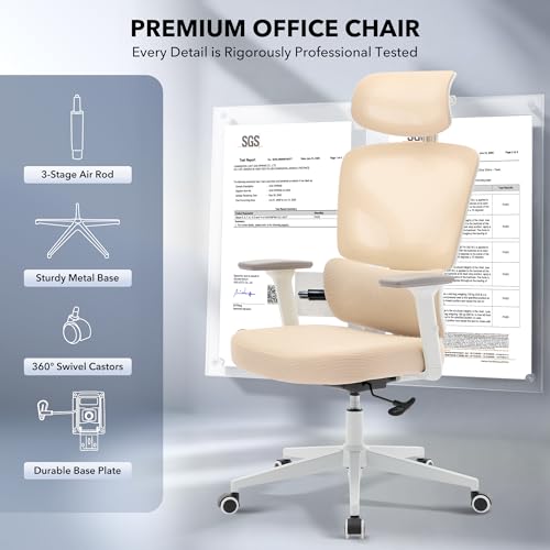 Ergonomic Office Chair Mesh – Adjustable Lumbar 3D Armrests High-Back Desk | Breathable Mesh Backrest; Seat Height & Tilt-Angle Adjustment; Smooth-Rolling Casters; Easy To Assembly, For Home, Office - color: Beige-p1