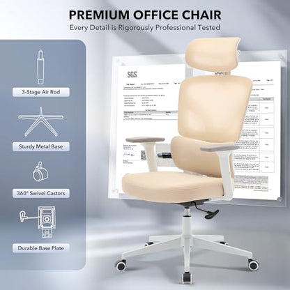 Ergonomic Office Chair Mesh – Adjustable Lumbar 3D Armrests High-Back Desk | Breathable Mesh Backrest; Seat Height & Tilt-Angle Adjustment; Smooth-Rolling Casters; Easy To Assembly, For Home, Office - color: Beige-p1