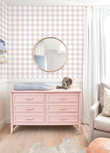 Safiyya 196"x 17.3" Pink and White Checkered Wallpaper Geometric Funky Peel and Stick Wallpaper Self Adhesive Removable Contact Paper Pink Check Wall Paper for Bedroom - color: Pink, size: 17.3" x 196"