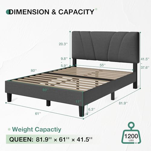 Novilla Queen Size Bed Frame Upholstered Queen Bed Frame with 3-Height Adjustable Headboard, Strong Weight Capacity, No Box Spring Needed, Easy Assembly, Grey - color: Grey, size: Queen