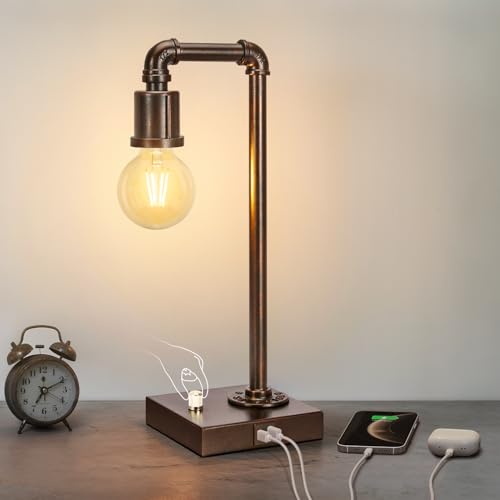 Industrial Table Lamp with Water Pipe Design, Fully Dimmable Bedside Lamp | Vintage Nightstand Lamp with USB C+A Ports, Steampunk Desk Lamp for Living Room, Bedroom, Dorm, Office, LED Bulb Included - color: Antique Bronze