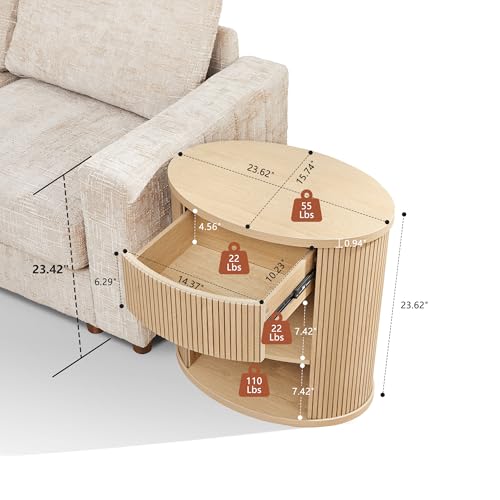 Fluted End Table with Drawer, Boho Side Table with Storage, Mid Century Modern Nightstand for Bedroom Bedside, Living Room Couch Sofa, Office, Desk Side Table for Small Spaces - color: Oval-natural