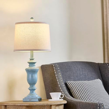 SAIWEYA 27.5" Set of 2 Farmhouse Table Lamps for Bedroom, 3 Way Dimmable Bedside Lamp with 2 USB +AC Outlet Nightstand Lamps for Living Room Resin Rustic Touch Lamps - color: Antique Blue-27.5in