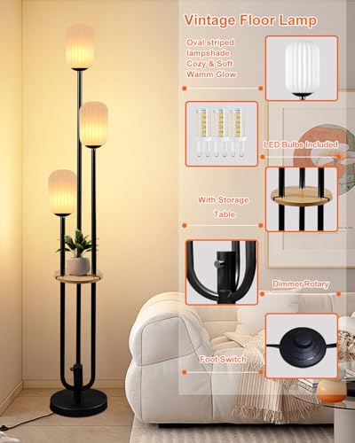 Lightdot Black Dimmable Floor Lamp with Shelf Modern Floor Lamps with Oval Striped Lampshade & Bulb Included 3-Lights Tall Lamp with 5Lbs Heavy Base for Living Room/Bedroom/Sofa Beside/Corner Decor