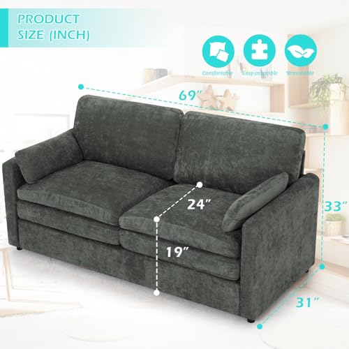 3 Pieces Chenille Sofa Set w/Two Arm Pillows, Grey | Upholstered 2 Pieces Loveseat & 3-Seater Sofa w/Soft Cushions, Modern 2-Seat & 3-Seat w/High-Density Foam for Living Room - color: Grey, size: 69" & 69" & 89" Sofa Set