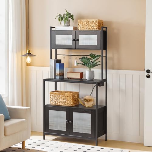 HOOBRO Bakers Rack with Storage Cabinet, 5-Tier Coffee Bar with Power Outlet and LED Lights, Industrial Microwave Oven Stand with Shelves, Kitchen Storage Shelf with Cabinet, Black BB13UDHB01 - color: Black