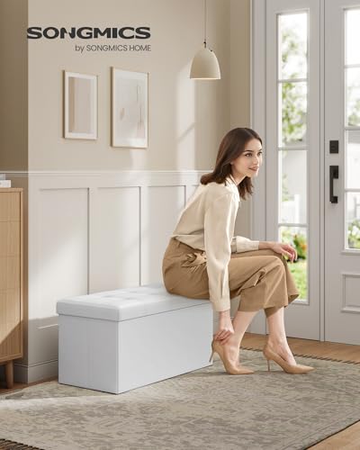 SONGMICS MAZIE Collection - 30 Inches Folding Storage Ottoman Bench, Ottoman with Storage, Foot Rest Stool, Load 660 lb, for Living Room, Synthetic Leather, White ULSF106 - color: White, size: 15"D x 30"W x 15"H