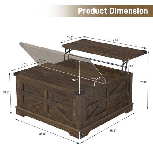 Hlivelood 36" Farmhouse Movable Lift Top Coffee Table with Storage and Power Outlets, Square Wood Living Room Tables with Wheels&Large Hidden Space, Lift Wooden Barn Door Center Table, Brown - color: Brown