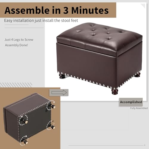 Faux Leather Storage Ottoman Bench Rectangle 24 Inch Foot Rest Ottomans (Brown) - color: Brown