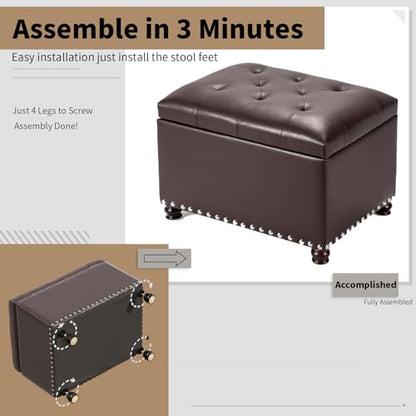 Faux Leather Storage Ottoman Bench Rectangle 24 Inch Foot Rest Ottomans (Brown) - color: Brown