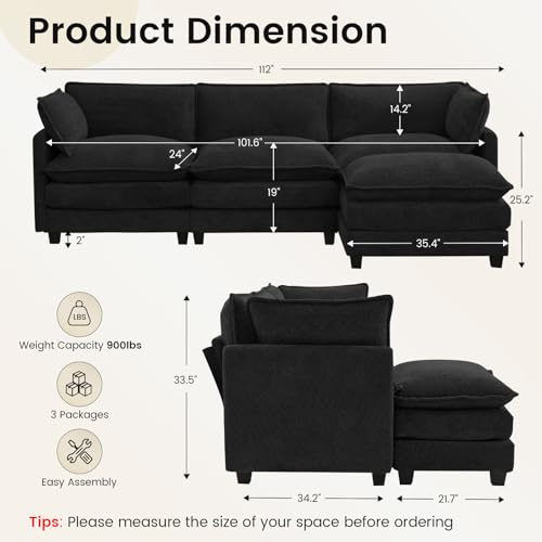 ROWHY Oversized Modular Sectional Couch with Movable Ottoman, 112" Modern Convertible L Shaped Sofa Set, 4 Seat Comfy Cloud Couch with 2 Throw Pillows, for Living Room and Office, Chenille, Black - color: Chenille Black, size: 4 Seats L-Shaped