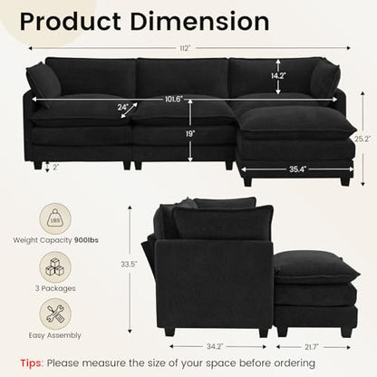 ROWHY Oversized Modular Sectional Couch with Movable Ottoman, 112" Modern Convertible L Shaped Sofa Set, 4 Seat Comfy Cloud Couch with 2 Throw Pillows, for Living Room and Office, Chenille, Black - color: Chenille Black, size: 4 Seats L-Shaped