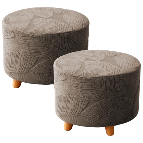 Round Ottoman Cover Stretch Round Ottoman Storage Slipcover Leaves Jacquard Folding Footrest Stool Furniture Protector Cover with Elastic Bottom for Living Room Set of 2 Coffee - color: Coffee, size: Set of 2