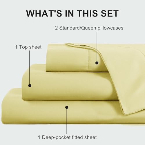 King Sheet Sets, Cotton Blended Breathable Bed Sheets 4 Piece, Deep Pocket Up to 14", 1 Fitted Sheet, 1 Flat Sheet and 2 Pillowcases (Yellow, King) - color: Yellow-4pcs Sheet Set, size: King