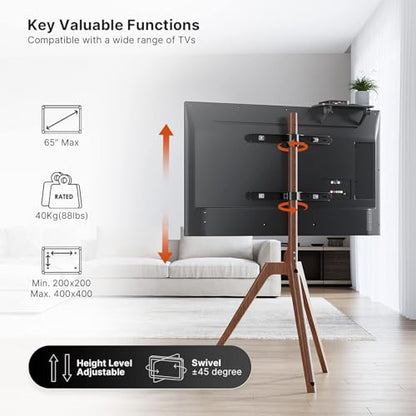 PUTORSEN Solid Wood Easel TV Stand for 45-65'' TVs, Hidden Cable, Walnut | Stability, Easy to Assemble, Top Shelf, Swivel, Tripod TV Stand, Max VESA 400x400, Max holds 88lbs, Living room, Corner
