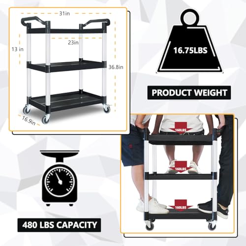 PELOEMNS Plastic Utility Carts with Wheels, Heavy Duty 510lbs Capacity Rolling Service Cart, 3-Tier Restaurant Food Cart with Hammer for Office, Warehouse, Garage (Lockable Wheels, Black)