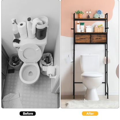YBING Over The Toilet Bathroom Storage Cabinet for Freestanding, Above Toilet Shelf with Fabric Drawer, Tall Bathroom Shelf Organizer with Toilet Paper Holder, Brown - color: Brown