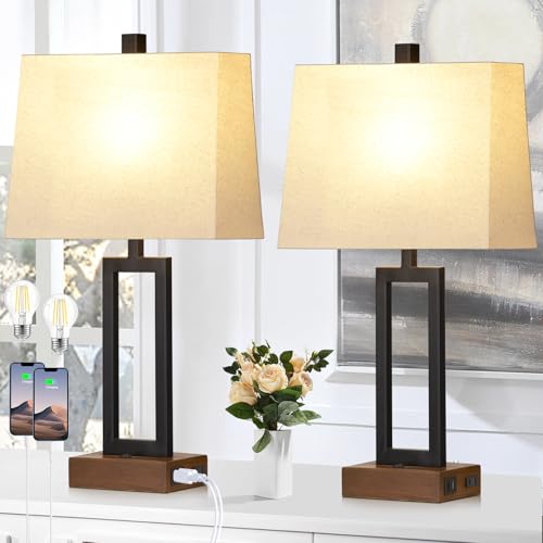 Lolikit Table Lamp for Bedroom Set of 2 with 2 USB Ports and AC Power Outlet, 23.5" Modern Bedside Lamp, Wood Nightstand Lamp with Linen Shade for Living Room Hotel Desk(LED Bulb Included) - color: Beige - 23.5"H