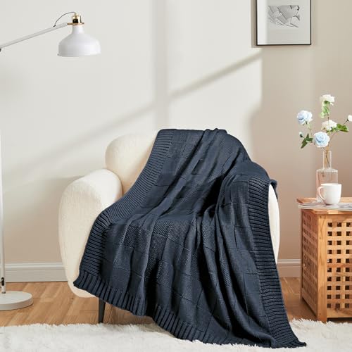 CozeCube Navy Blue Knitted Checkered Throw Blanket 50"X60" | Check Knit Throw for Couch, Decorative Christmas Soft Cozy Warm Blanket for Bed Sofa Living Room - color: Midnight Navy, size: 50"X60"