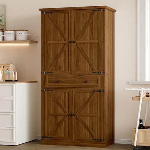 BORNOON Pantry Organizers and Storage Cabinet, 67.71” Barn Door White Kitchen Cabinet with Drawers and Adjustable Shelf, Tall Pantry for Kitchen, Dining Room, Living Room - color: Walnut, size: Single Drawer