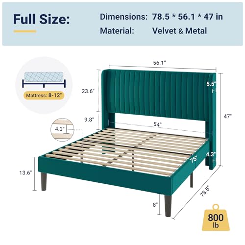 Allewie Full Size Bed Frame/Velvet Upholstered Platform Bed/Vertical Channel Tufted Wingback Headboard/Strong Wooden Slats/No Box Spring Needed/Easy Assembly/Teal - color: Teal, size: Full