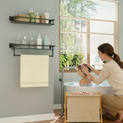 Alise Bathroom Shelf with Towel Bar, 20 Inch Matte Black Glass Shelf | Tempered Glass Bathroom Shelves for Wall Mounted, Modern Glass Shelf with 304 Stainless Steel Railing - color: Matte Black, size: 20 In
