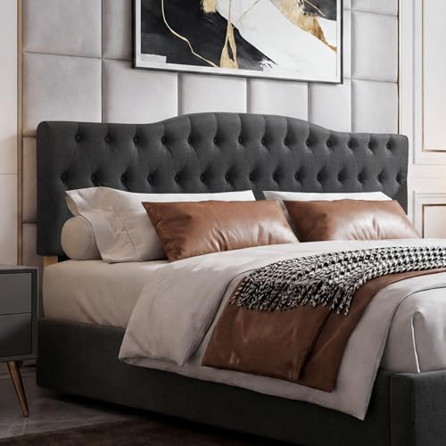 Iroomy Upholstered Full Headboard, Button Diamond Tufted Headboard with Adjustable Height and Solid Wood Leg, Velvet Padded Headboards for Full Size Bed, Modern Head Board, Dark Grey - color: Dark Grey, size: Full