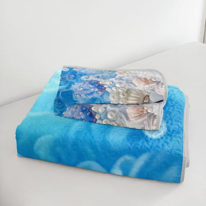 AILONEN Cartoon Blue Jellyfish Quilt Bedding Sets Full Size, Girls Ocean Shell Pearl Theme Quilt Set Printed - 3 Pieces,Underwater World Bedspread Coverlet Set Soft Microfiber Quilt & 2 Pillowcases - color: Jellyfish44, size: Full