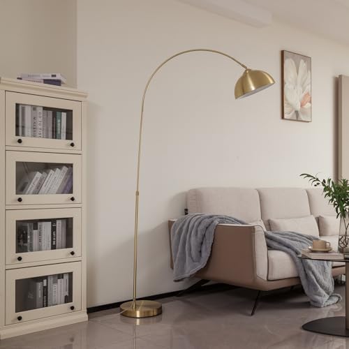 74.8" Arched Floor Lamp, Height Adjustable Arc Floor Lamp for Living Room in Matte Gold/Brass with Foot Switch, Over Couch Reading Floor Lamp for Bedroom Office, 1 x E26 Bulb Not Included