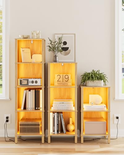 Bookshelf with LED Lights, Modern 4-Tier Bookcase, Open Storage Book Shelf, 11 × 14.2 × 50.4 Inches, Small Narrow Bookshelves for Living Room, Home Office, Bedroom, Natural - color: Natural