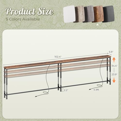 Huuger 102.4 Inch Sofa Table with Power Outlets, 23.9’’-34.4’’ Height Adjustable Range, Behind Couch Table with USB-C Ports, Sofa Tables Narrow Long, Skinny Console Table, Small Spaces, Rustic Brown - color: Rustic Brown, size: 102.4''W x 23.9''-34.4''H