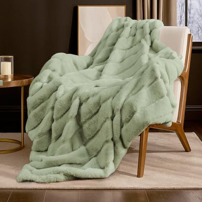 Cozy Bliss Deluxe Sheared Rabbit Faux Fur Throw Blanket, Soft Fuzzy High-Low Sculpted Plush Blanket for Couch, Cozy Home Accent, All Season Use, Green 50"x60" - color: Stripe - Green, size: Throw(50" x 60")