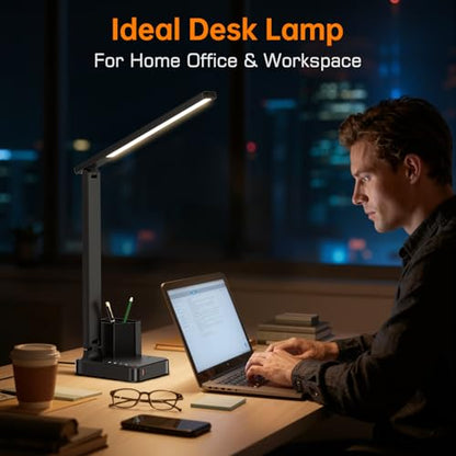 LED Desk Lamp USB A/C AC Pen Holder Dorm Home Office Desk Light Black | Adjustable LED Desk Light with USB A/C, AC Outlet, Pen Holder; Small Desk Lamp for Dorm, Study, Craft & Home Office - color: Black