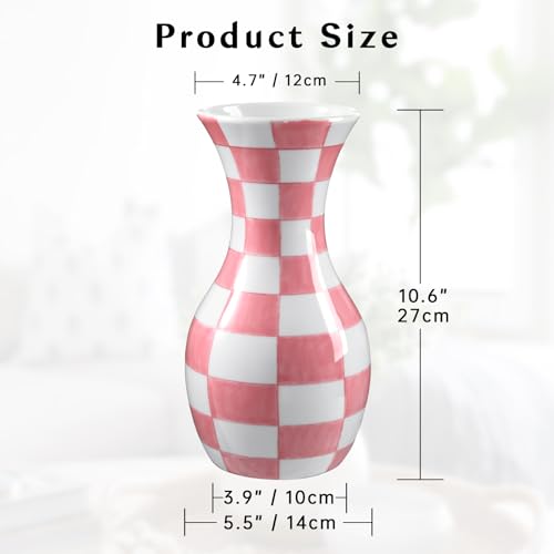 Pink and White Ceramic Vase 11" Checkered Flower Vase in Wide Mouth | Hand-Painted Pink Check Plain, Triple-Fired Glazed Ceramic, Decorative Chinoiserie Decor for Home Decor Bookshelf Side Table - color: #Pink Plain Texture