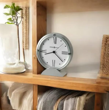 Howard Miller Simon II Tabletop Clock – Brushed Aluminum Finish, White Dial, Roman Numerals, Flat Glass Crystal, Interior Light