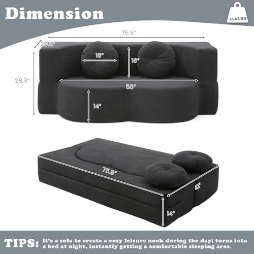 76" Convertible Folding Futon Sofa Bed, Queen Sleeper Sofa with Pillow, Teddy Floor & Futon Loveseat Couch, Foam Folding Mattress Sleeper for Living Room, Guest Use, Apartment, No Assembly (Black) - color: Black