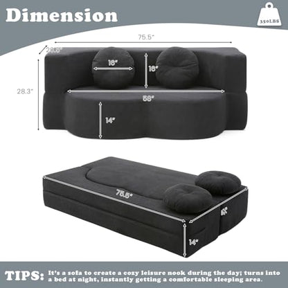 76" Convertible Folding Futon Sofa Bed, Queen Sleeper Sofa with Pillow, Teddy Floor & Futon Loveseat Couch, Foam Folding Mattress Sleeper for Living Room, Guest Use, Apartment, No Assembly (Black) - color: Black