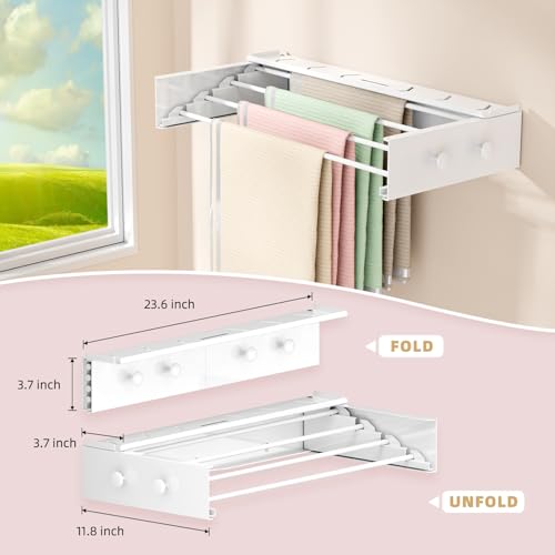 BAKON Wall Mounted Drying Rack with 4 Hooks and Shelf, Foldable Clothes Drying Rack for Laundry Room, Collapsible Laundry Rack Wall Mount, for Indoor Outdoor Hanging Clothes, 23.6 Inch - size: 23.6''【Upgrade】