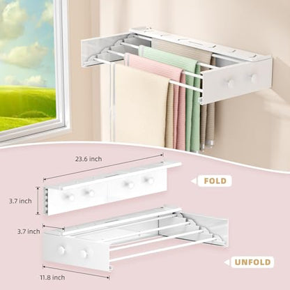 BAKON Wall Mounted Drying Rack with 4 Hooks and Shelf, Foldable Clothes Drying Rack for Laundry Room, Collapsible Laundry Rack Wall Mount, for Indoor Outdoor Hanging Clothes, 23.6 Inch - size: 23.6''【Upgrade】